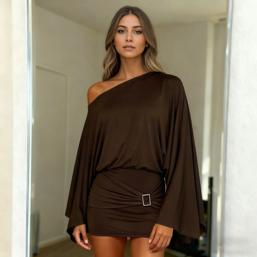 Classical Off Shoulder Loose Flared Sleeve Dress Ruched Bodycon Sexy Temperament Short Dress