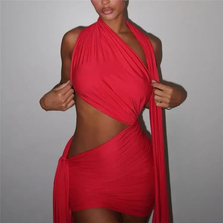 Sexy Hollow Dress Women Elegant Backless Lace up Ruched Ribbon Party Stretch Skinny Waistless Bodycon Dress