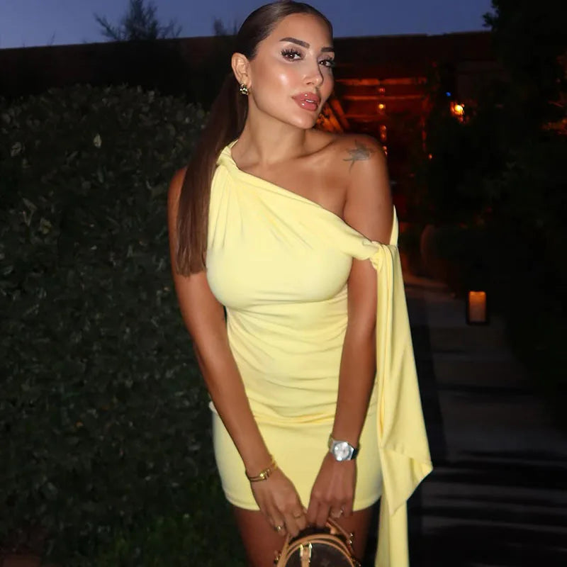 Summer Party Mini Dress One Shoulder Cascading Drape Sexy Clubwear Mini Dress