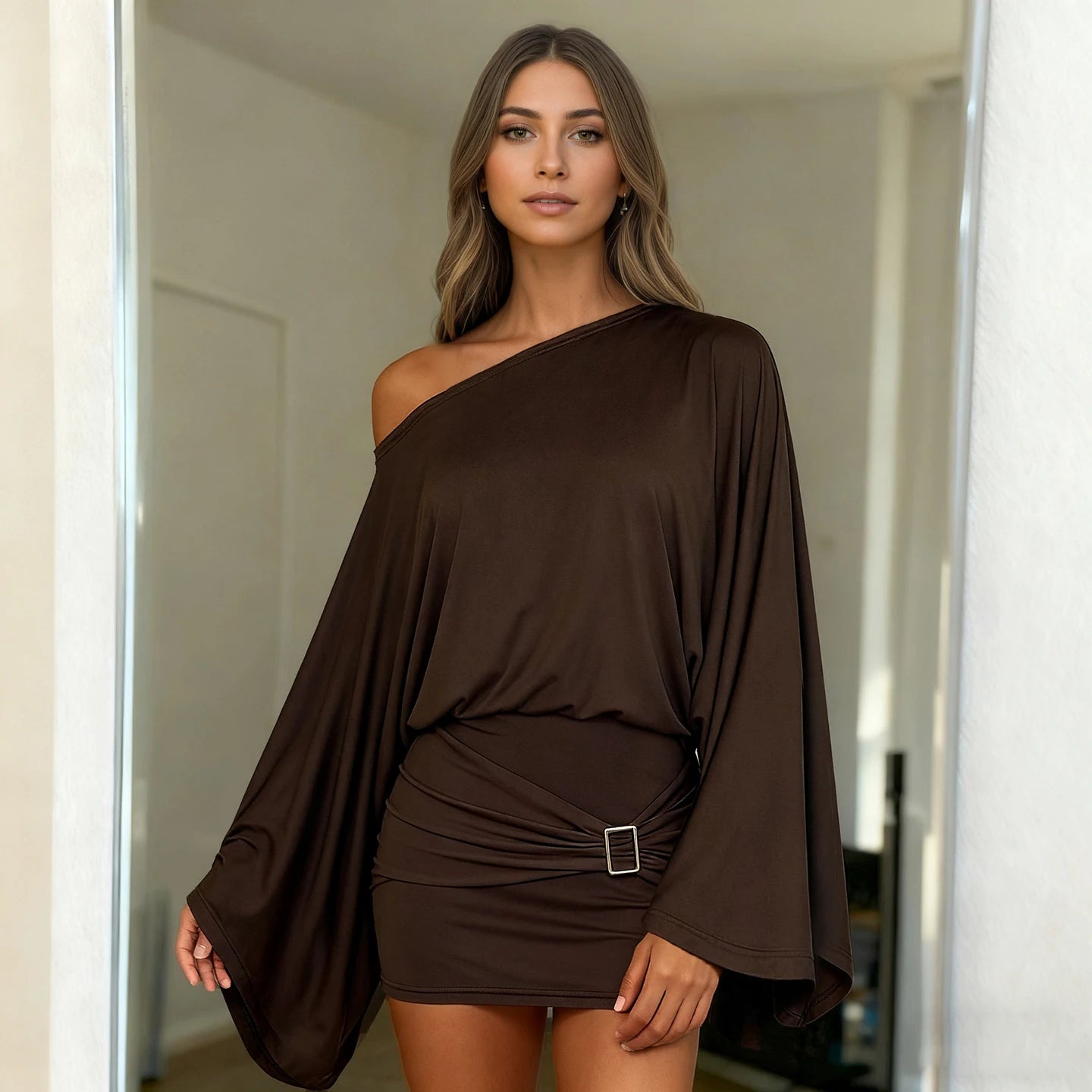 Classical Off Shoulder Loose Flared Sleeve Dress Ruched Bodycon Sexy Temperament Short Dress